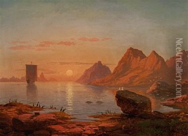 View Of A Scandinavian Coast With A Sailing Ship In The Sunset Oil Painting - Georg Eduard Otto Saal