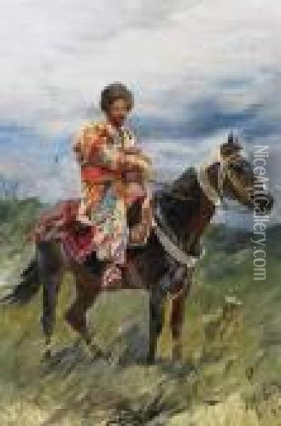Caucasian Horsemen Oil Painting - Franz Roubaud
