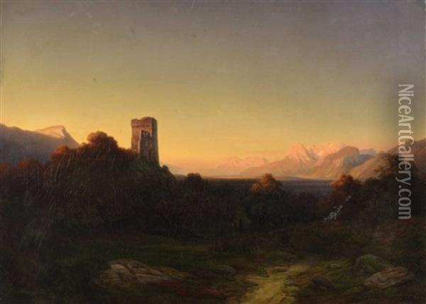 An Alpine Landscape With A Ruin Oil Painting - Hans Heinrich Juergen Brandes