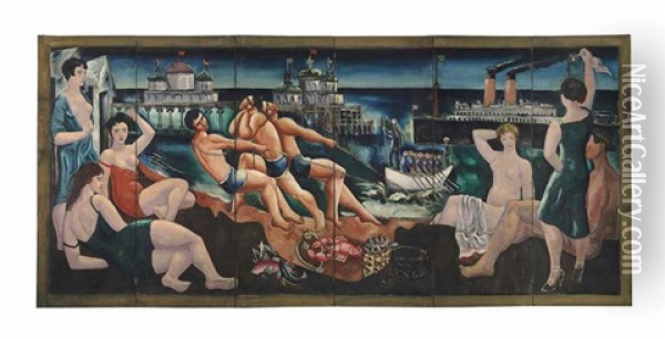 Beach Scene With Bathers, Pier And Ships (in 6 Parts) Oil Painting - Christopher Wood