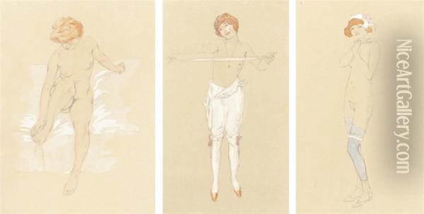 Seated Nude; Girl In White Breeches; And Blue Stockings Oil Painting - Raphael Kirchner
