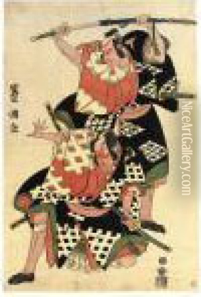 Ichikawa Komazo Iii And Bando Hikosaburo Iii In Unidentified Roles Oil Painting - Toyokuni