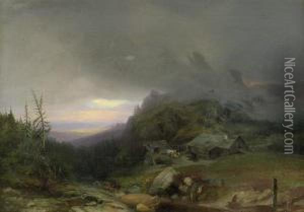 Alm Im Gebirge Bei Gewitter Oil Painting - Leopold Rottmann