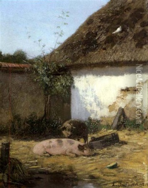 Zwei Hausschweine Oil Painting - Eugen Jettel