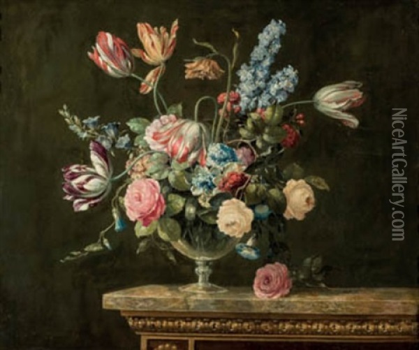 Tulipanes, Rosas Y Otras Flores En Una Copa De Cristal Sobre Una Mesa De Marmol Oil Painting - Jean-Baptiste Monnoyer