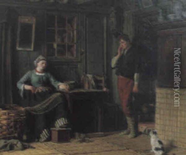 Interior Med Natbindande Kvinna, Man Och Katt Oil Painting - Ferdinand J. Foegerlin