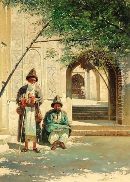 Travellers Outside A Mosque Near Samarkand Oil Painting - Richard Karlovich Zommer