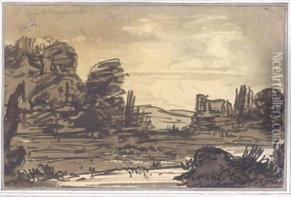 A Classical Landscape With A Tower By A Lake And Mountains Beyond Oil Painting - Alexander Cozens