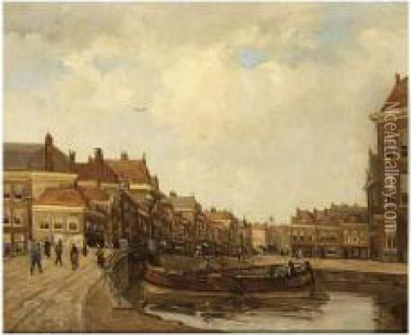 A View Of A Dutch Town With Boats Oil Painting - Kees Van Waning