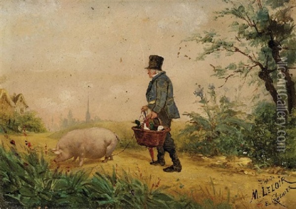 A Gentleman With His Ducklings And Piglet Oil Painting - Maurice Leloir