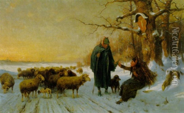 Schafer Mit Seiner Herde In Winterlandschaft, Einer Alten Reisigsammlerin Eine Flasche Reichend Oil Painting - Adolf Ernst Meissner