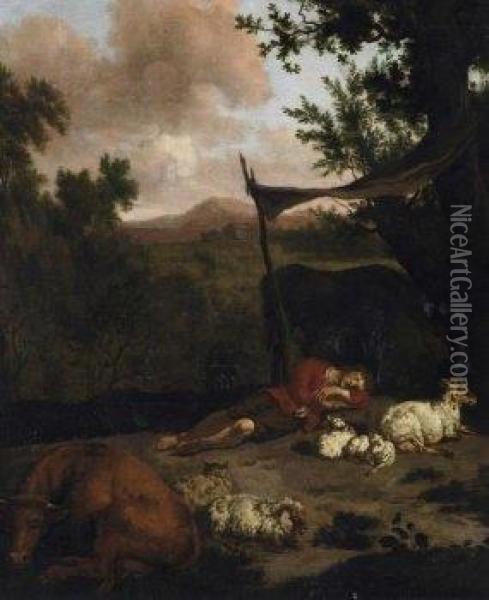 Sleeping Shepherd With His Stock Oil Painting - Adrian Van De Velde