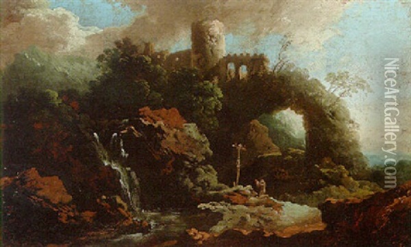 A Hermit Saint At Prayer In A Rocky River Landscape Oil Painting - Alessandro Magnasco
