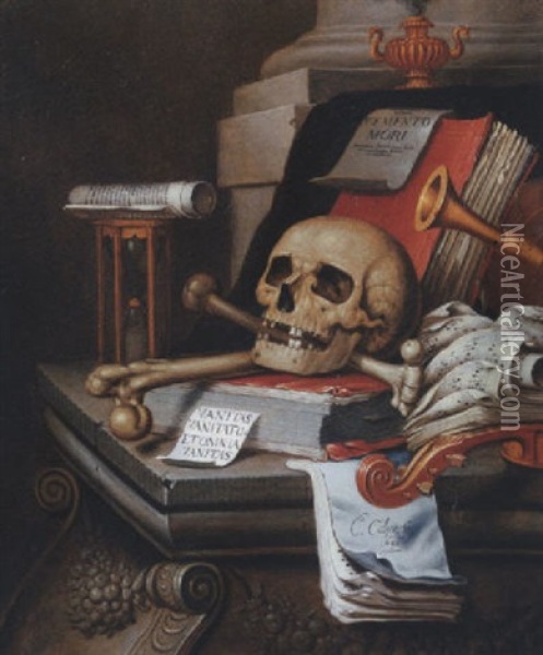 A Vanitas Still Life With An Hour Glass, A Skull And Crossbones, A Scroll, Two Books, Music Scores, A Flute, A Violin, A Sheet Of Paper.... Oil Painting - Edward Collier