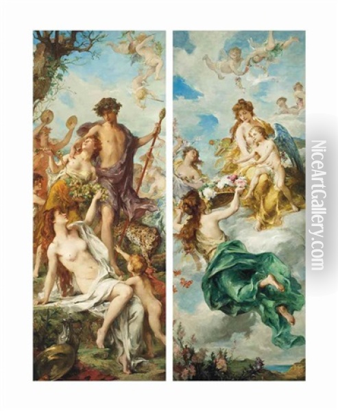 Aphrodite And Eros; And Dionysus And Ariadne (pair) Oil Painting - Henri Leopold Levy