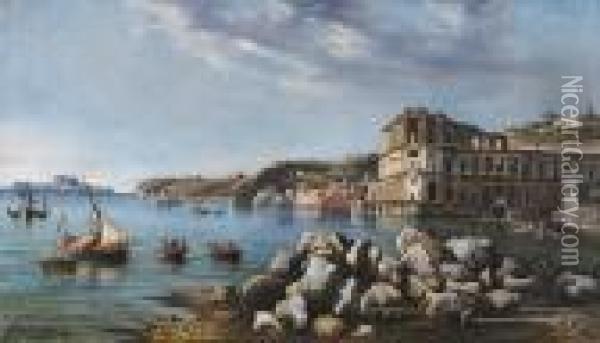 A View Of The Coast At Naples With The Villa Donn'anna Oil Painting - Consalvo Carelli