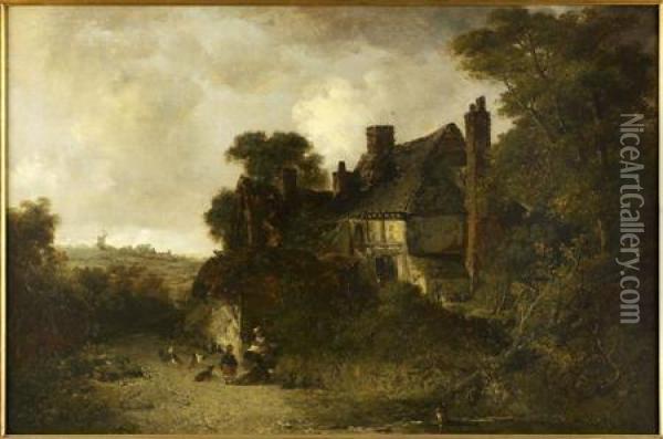 Figures Before A Farm In An Extensive Landscape Oil Painting - Edward Robert Smythe