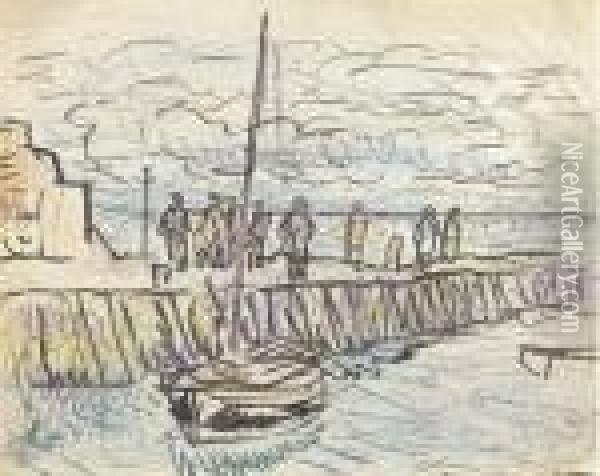 Largo Harbour With Figures Oil Painting - George Leslie Hunter