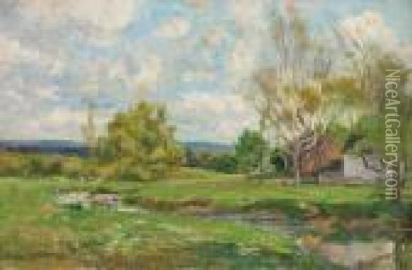 Barns In A Summer Landscape Oil Painting - Hugh Bolton Jones