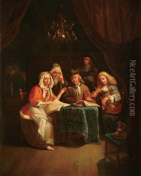 Interior Scene With Figures Gathered Around A Table Making Music Oil Painting - Jozef Geirnaert