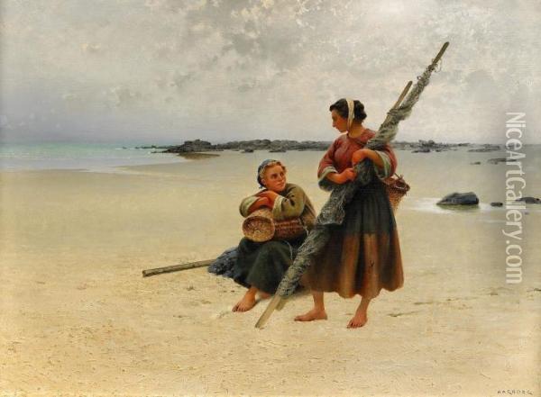 Ostronplockerskor I Bretagne Oil Painting - August Wilhelm Nikolaus Hagborg