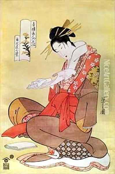 Seated Woman Reading Oil Painting - Hosoda Eishi