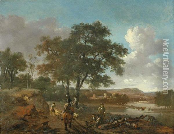 Pejzaz Z Rzeka, Grupa Mysliwych Oil Painting - Jan Wijnants