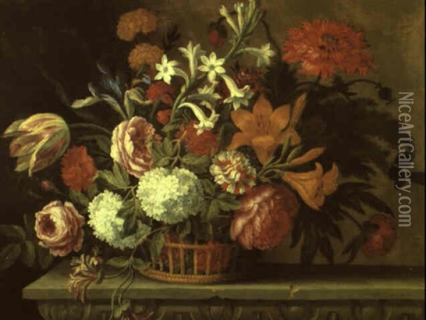Still Life With Tulips And Other Flowers In A Basket On A Stone Ledge Oil Painting - Nicolas Baudesson