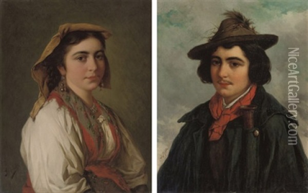 An Italian Boy In A Hat (+ An Italian Girl In A Headscarf; Pair) Oil Painting - Josef Bueche