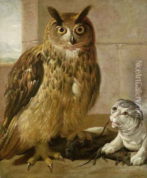 Eagle Owl and Cat with Dead Rats Oil Painting - Johann Heinrich Roos