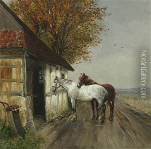 Heste Ved En Smedie Oil Painting - Simon Simonsen