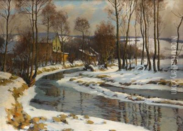 Bach Im Winter Oil Painting - Oldrich Hlavsa