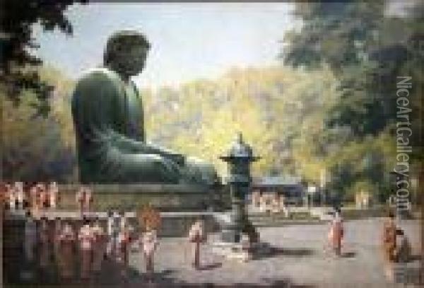 Belebte Szene Vor Der Grosen Buddha-statue Des Daibutsu In Kamakura Oil Painting - Erich Kips