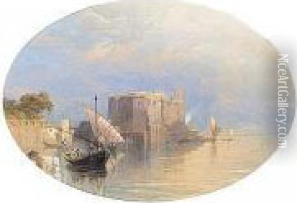 View Of Lake Maggiore With A Water Side Fortress Oil Painting - Thomas Miles Richardson