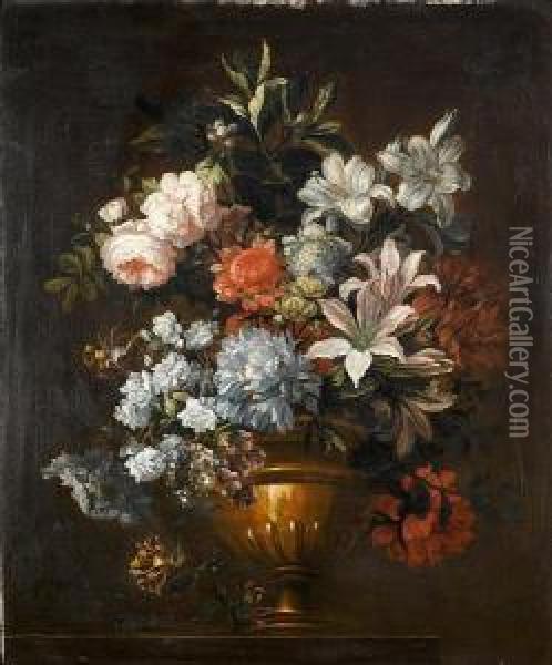 Roses, Honeysuckle, Lilies And Other Flowers In A Classical Urn On A Table Top Oil Painting - Antoine Monnoyer