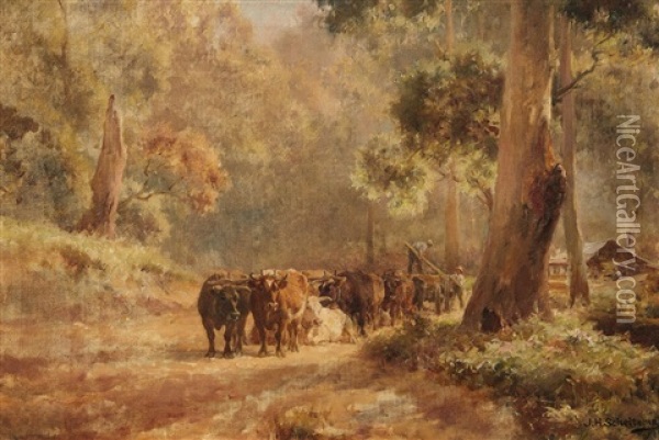 Landscape With An Ox Cart And Farmhands Oil Painting - Jan Hendrik Scheltema
