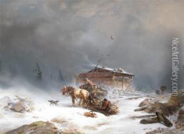Rustics Gathering Firewood In A Blizzard Oil Painting - Carl Hilgers