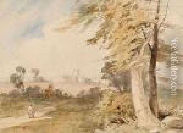 Figures On A Country Lane With A Church Beyond Oil Painting - William Leighton Leitch
