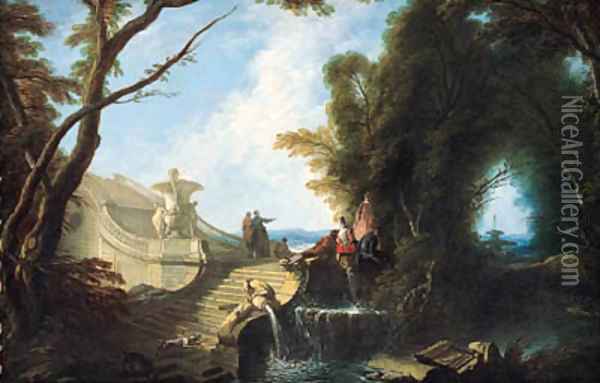 An elegant company seated on a staircase in a park with dogs playing in the foreground Oil Painting - Jacques de Lajoue
