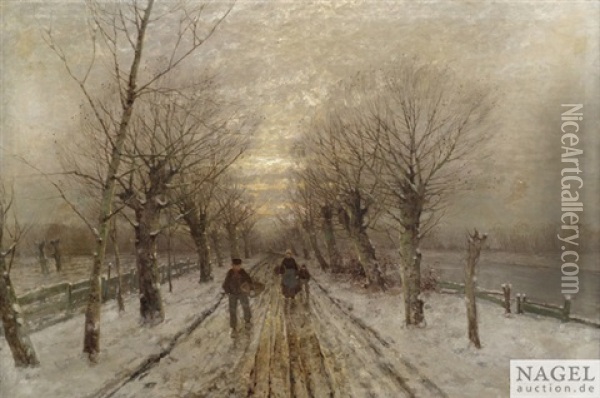 Winterliche Allee Mit Bauernfamilie An Einem Kanal Oil Painting - Johann Jungblut