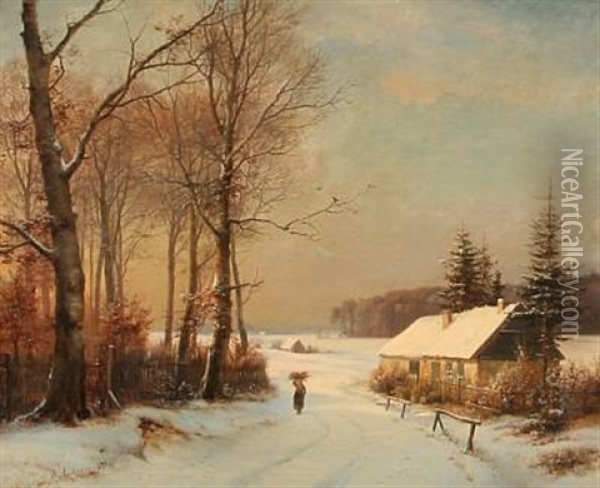 Sunny Winter Day At The Forest Edge Oil Painting - Anders Andersen-Lundby