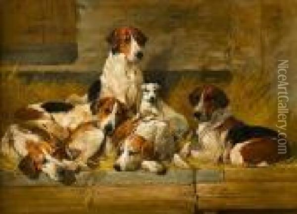 Foxhounds And A Hunt Terrier On A Bench Oil Painting - John Emms