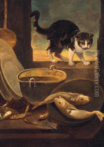 A Cat On A Window Sill, With Fish And Pots And Pans On Atable Oil Painting - Nathaniel Bacon