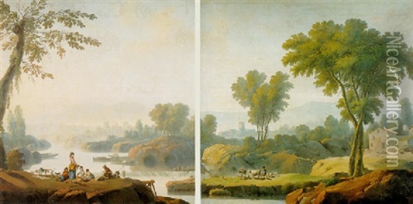 A River Landscape With Women Washing Their Laundry By A Waterfall Oil Painting - Jean Baptiste Pillement