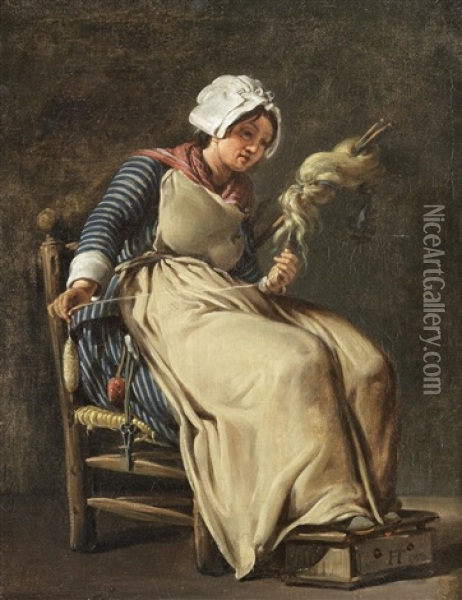 A Kitchen Maid Knitting Oil Painting - Hugues Taraval
