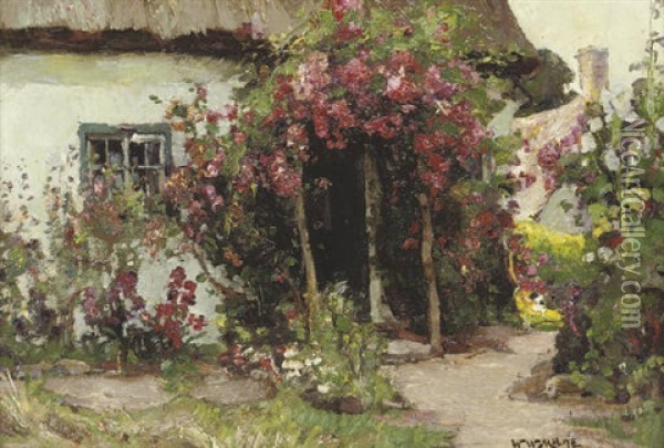 Figures Beside A Cottage (+ A Cottage Garden In Bloom; Pair) Oil Painting - William Watt Milne