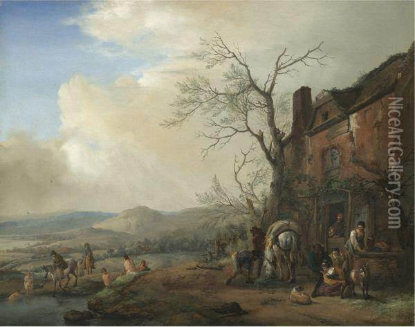 Landscape With Peasants Oil Painting - Pieter Wouwermans or Wouwerman