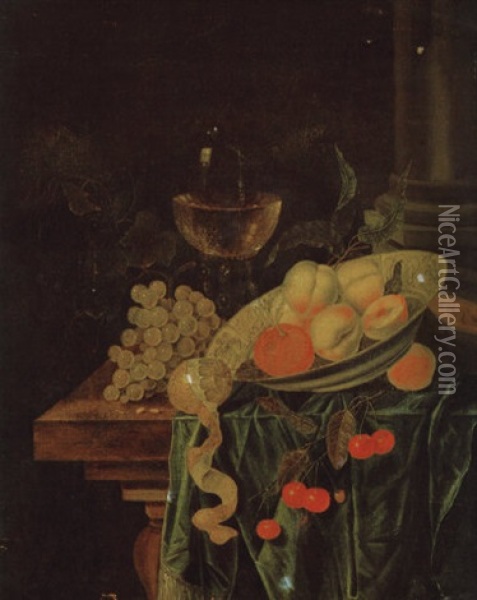 Stilleben Mit Weintrauben, Einer Zitrone Sowie Anderen Fruchten In Einer Porzellanschale Und Einem Gefullten Weinglas Oil Painting - Isaac Denies