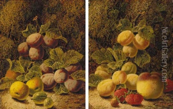 Plums, Apples And Gooseberries On A Mossy Bank Oil Painting - Oliver Clare