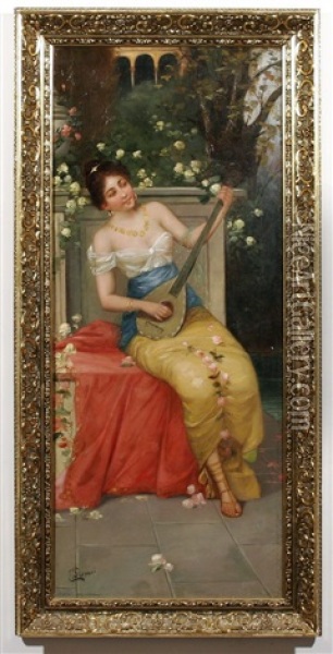 Girl Playing A Mandolin Oil Painting - Egisto Ferroni